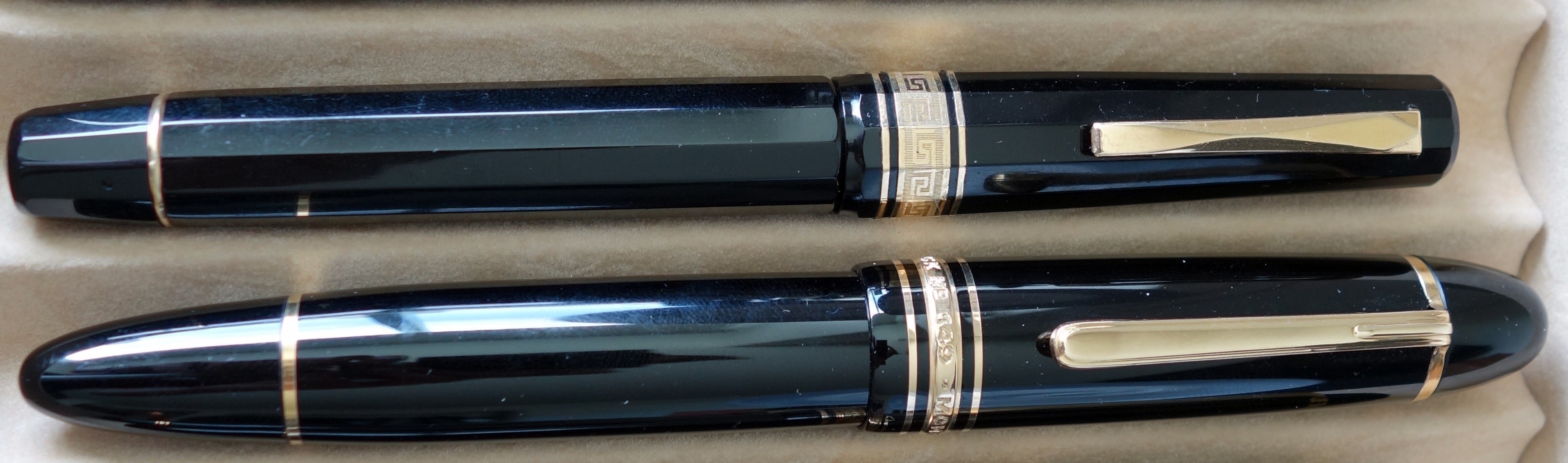 I did not realize until after I took the picture that the OMAS pictured beside the Montblanc 149 isn't the 1990s Paragon in all the other pictures...its an older 1960s celluloid version.  The size is identical though.