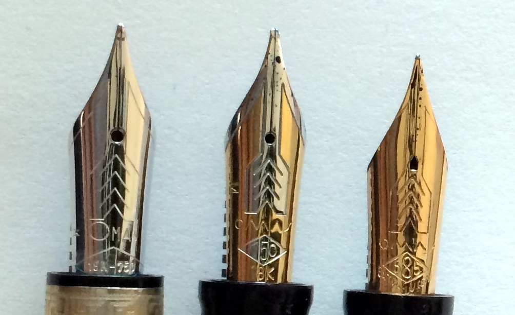 Left to right: 1) Bock made 18kt gold, 2) OMAS made 18kt gold, 3) OMAS made 14kt gold "Extra Lucens" from the 1960s