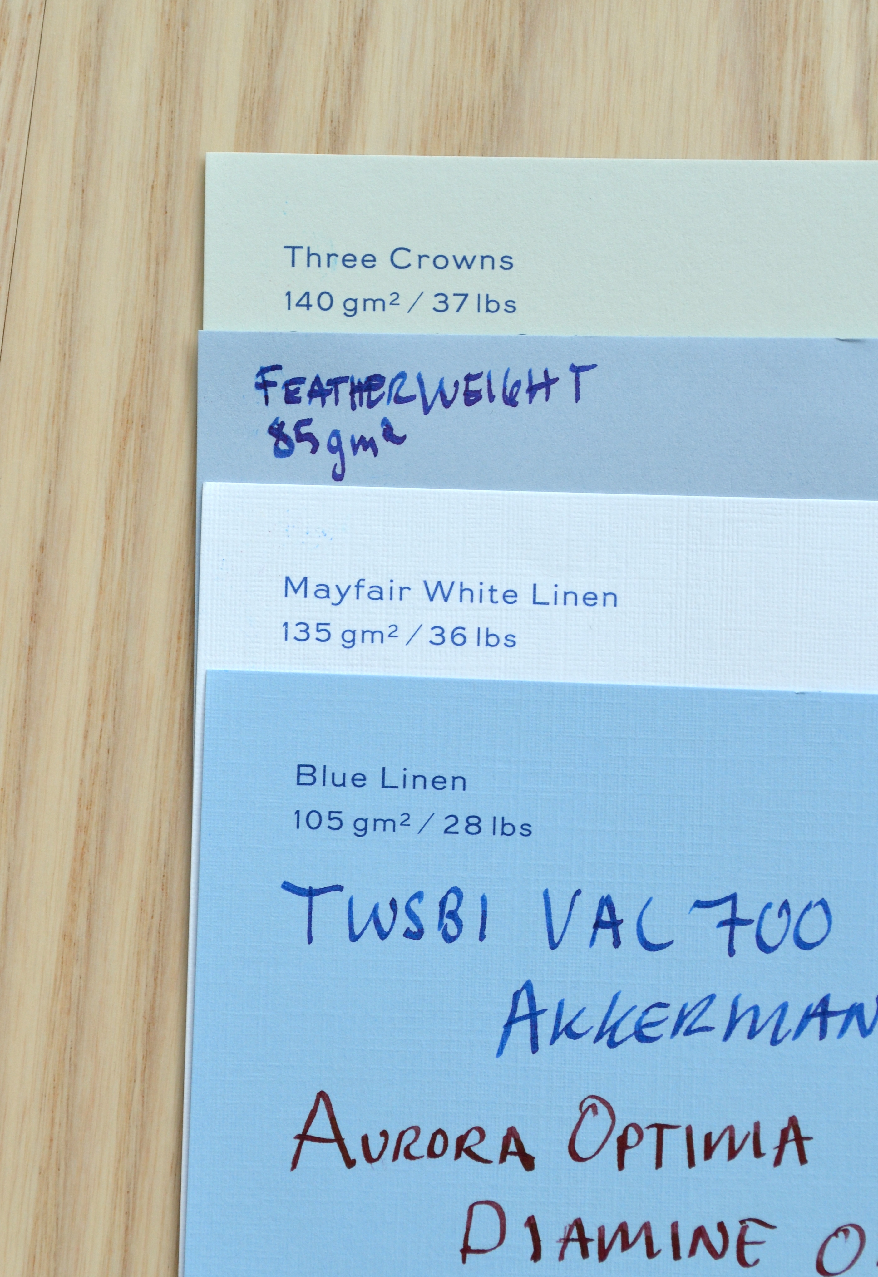 Out of all the writing papers my four favorites are the ones I find to be the most unique.  Three Crowns for it's interesting but subtle color, Featherweight for it's beautiful watermark, and Mayfair White Linen and Blue Linen for their interesting finish. 